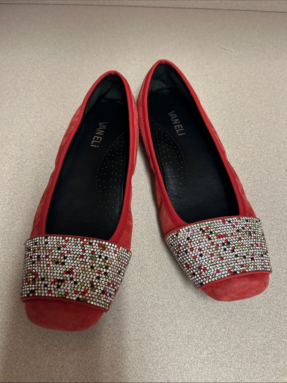 Vaneli Red Suede Flats with Multicolor Crystal Band